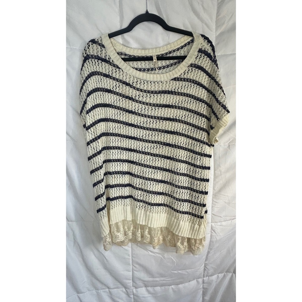 POL Cream Navy Striped Lace Trim Crochet Knit Top Tunic‎ Large